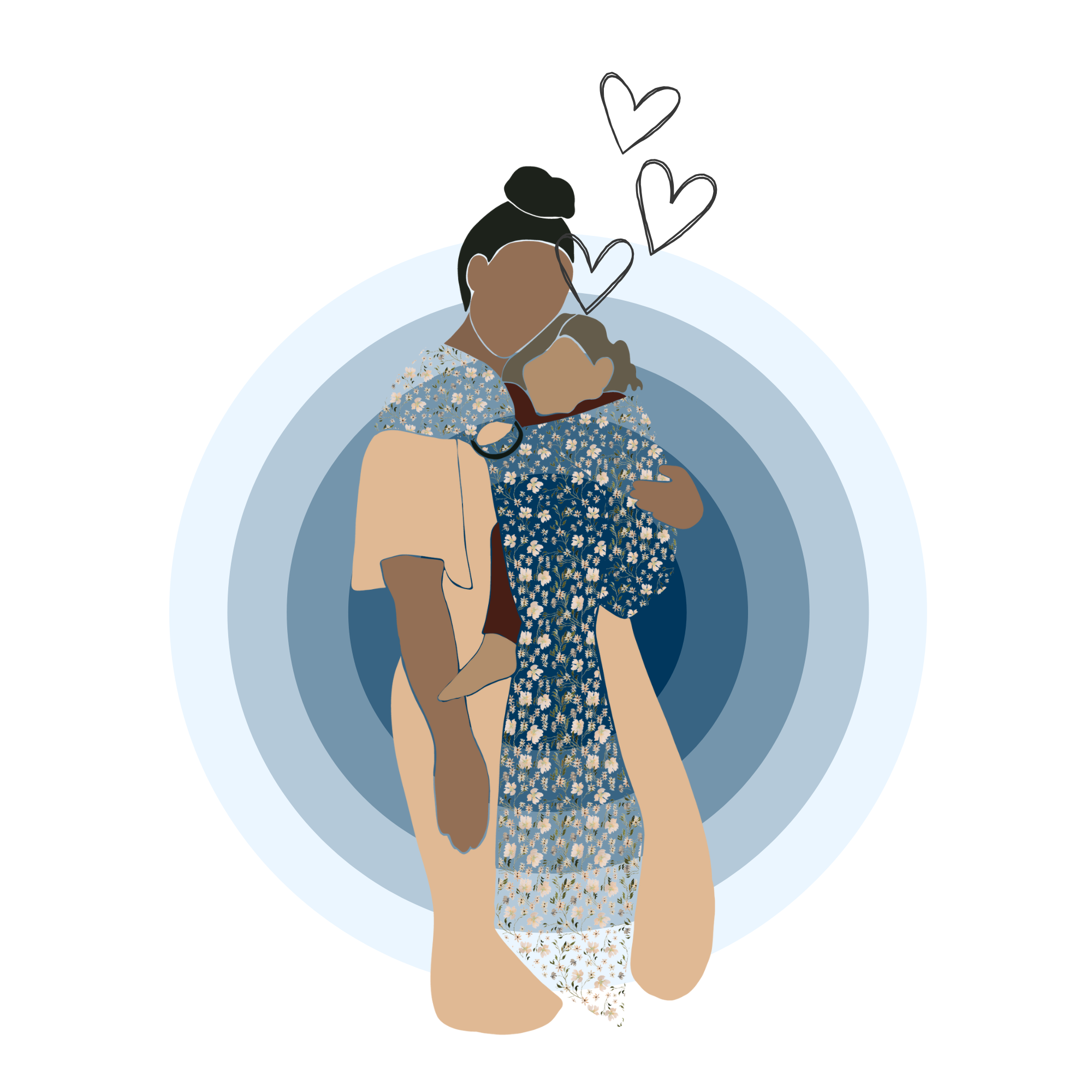 A cartoon of a brown-skinned woman wearing a child on her front in a ring sling. A gradient of blue circles is behind her with hearts rising from her and her baby's faces.