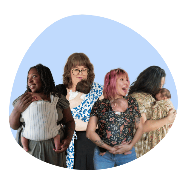 A diverse group of women wearing newborns in hope&plum’s four different newborn carriers: sprout, meh dai, baby wrap, and ring sling.