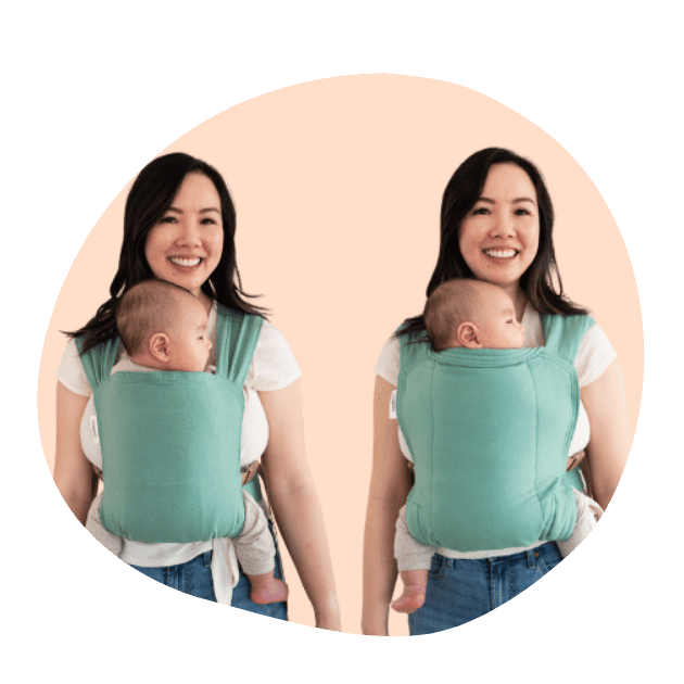 Two photos of the same BIPOC straight size woman wearing her baby are next to each other. The left is a Sprout and the right is a Lark.