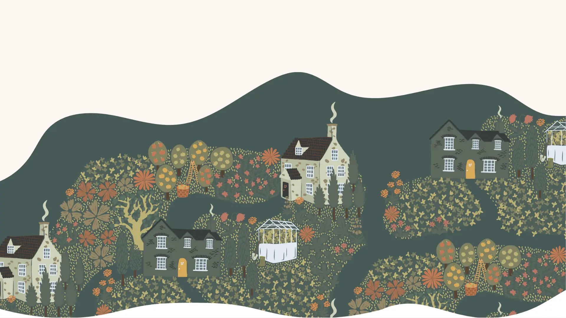 Quaint village surrounded by colorful trees and hills, perfect for baby carrier strolls.
