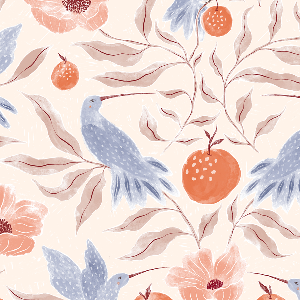 Hand-painted blue hummingbirds with red pomegranates and coral pink poppies against a creamy background with dusty rose leaves.
