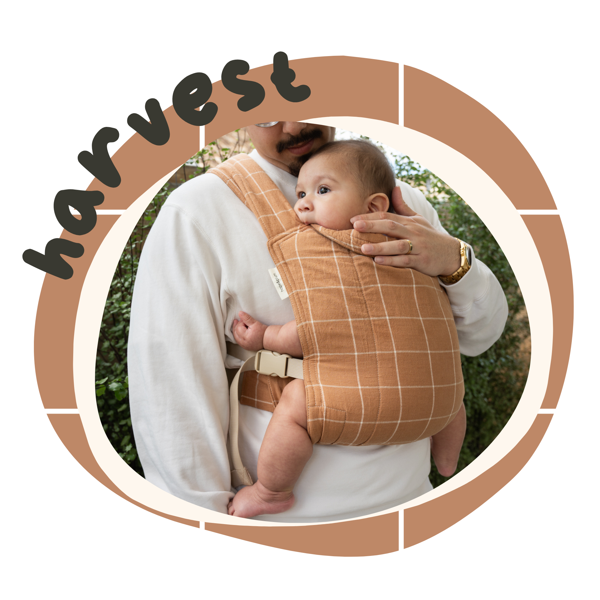 Person holding a baby in a brown checkered baby carrier with 'harvest' branding.