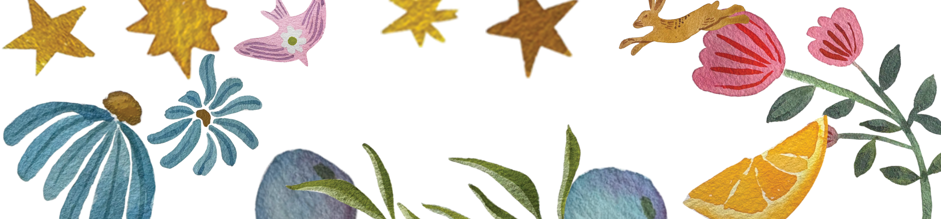 a banner with a border of watercolor painted stars, flowers, birds, bunnies, and blueberries
