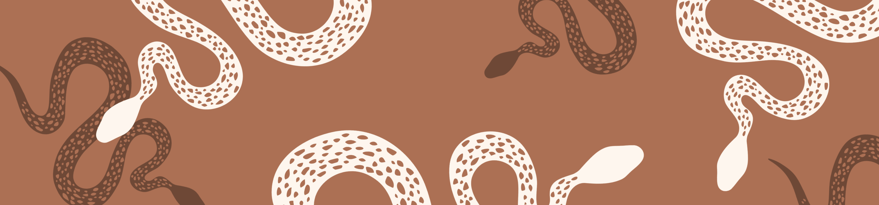 a caramel brown background with white and shadowed folk-style snakes.