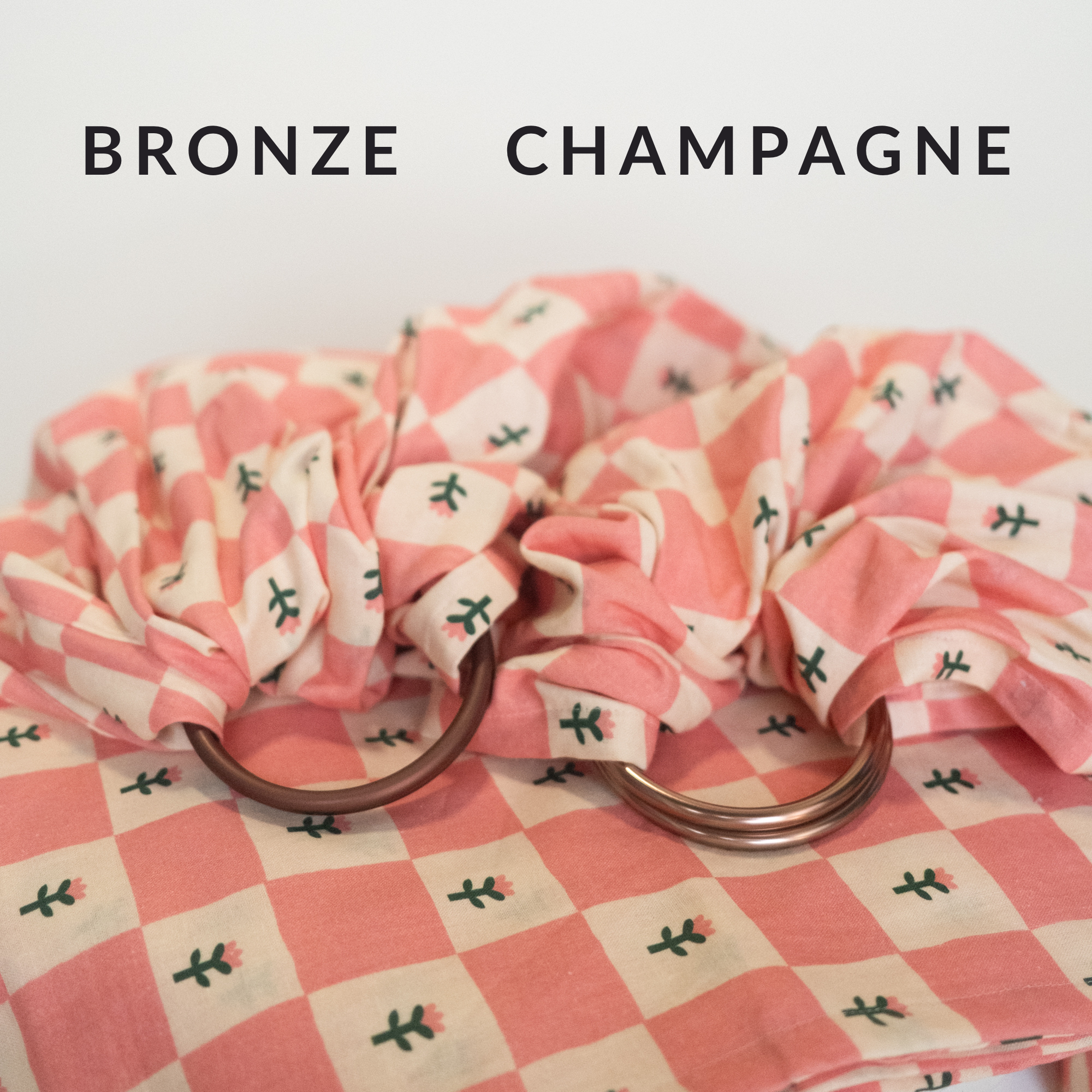 hope&plum Darling ring sling in coral checkerboard comparing rings of bronze and champagne