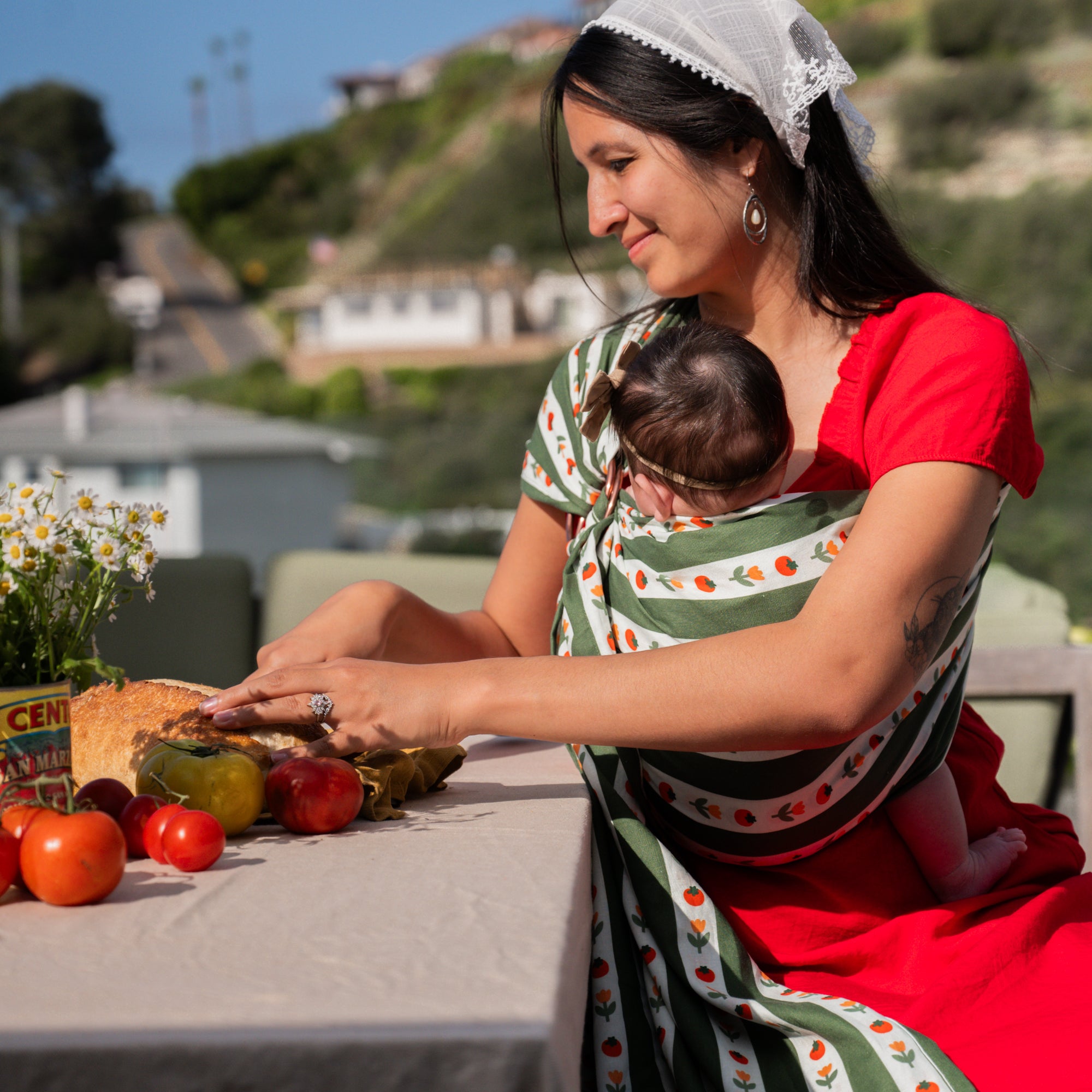 hope&plum Medley ring sling deep green stripe tomato and floral print front carry baby