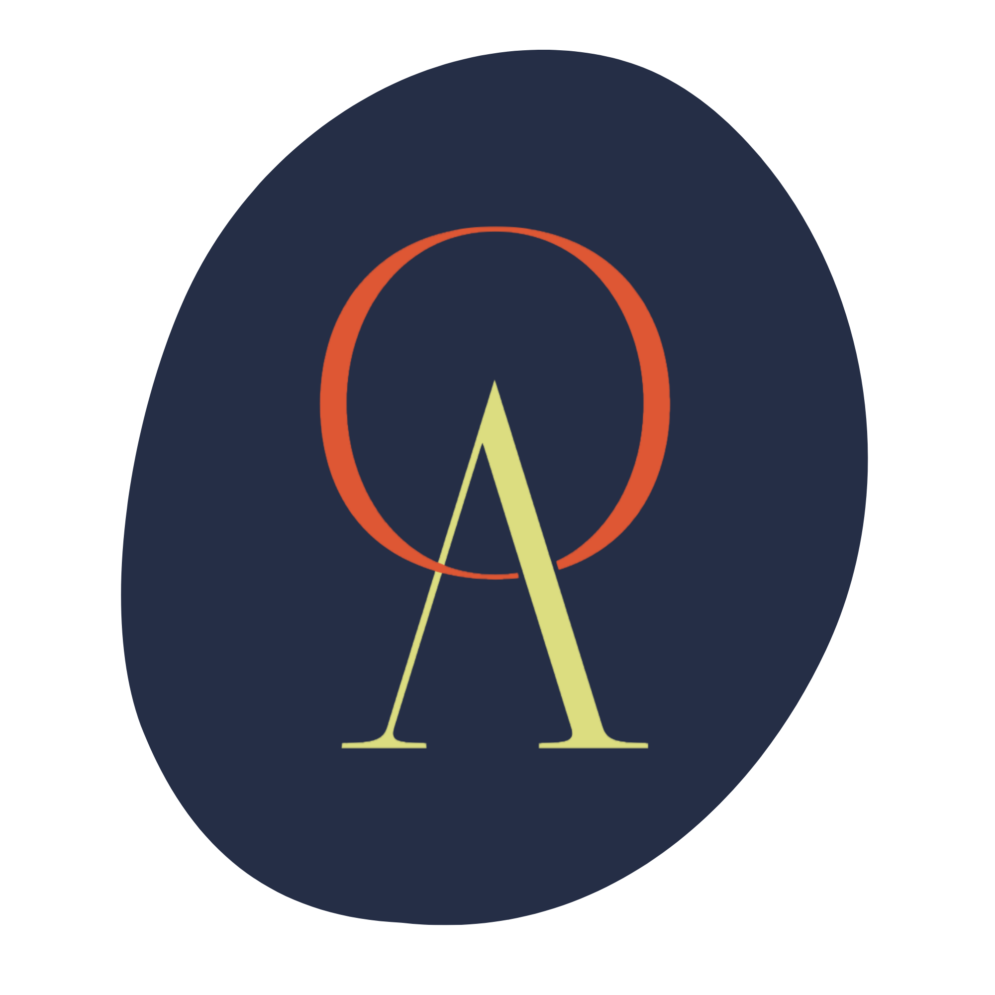 A midnight blue oval with a logo of an O and A interlocked