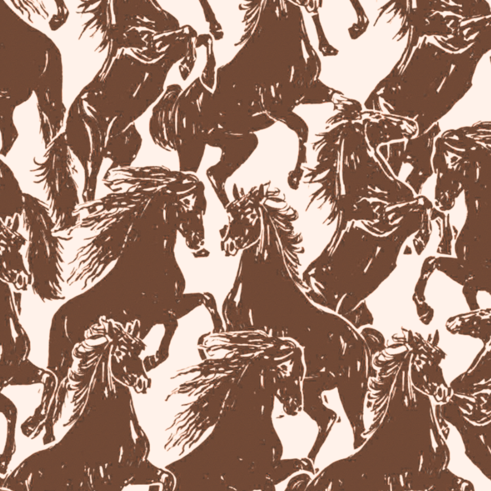 Rodeo colorway swatch β dark espresso brown mustangs repeating across a cream ground.