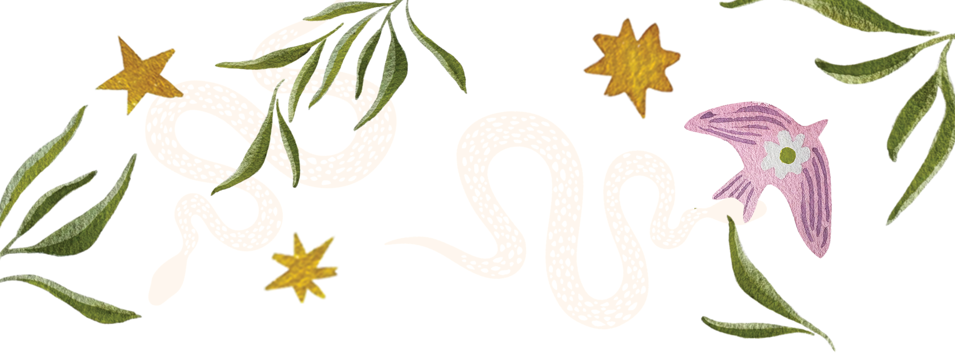 A white header with creamy folk-style snakes in the background, and a border of watercolor painted stars, fronds, and birds.