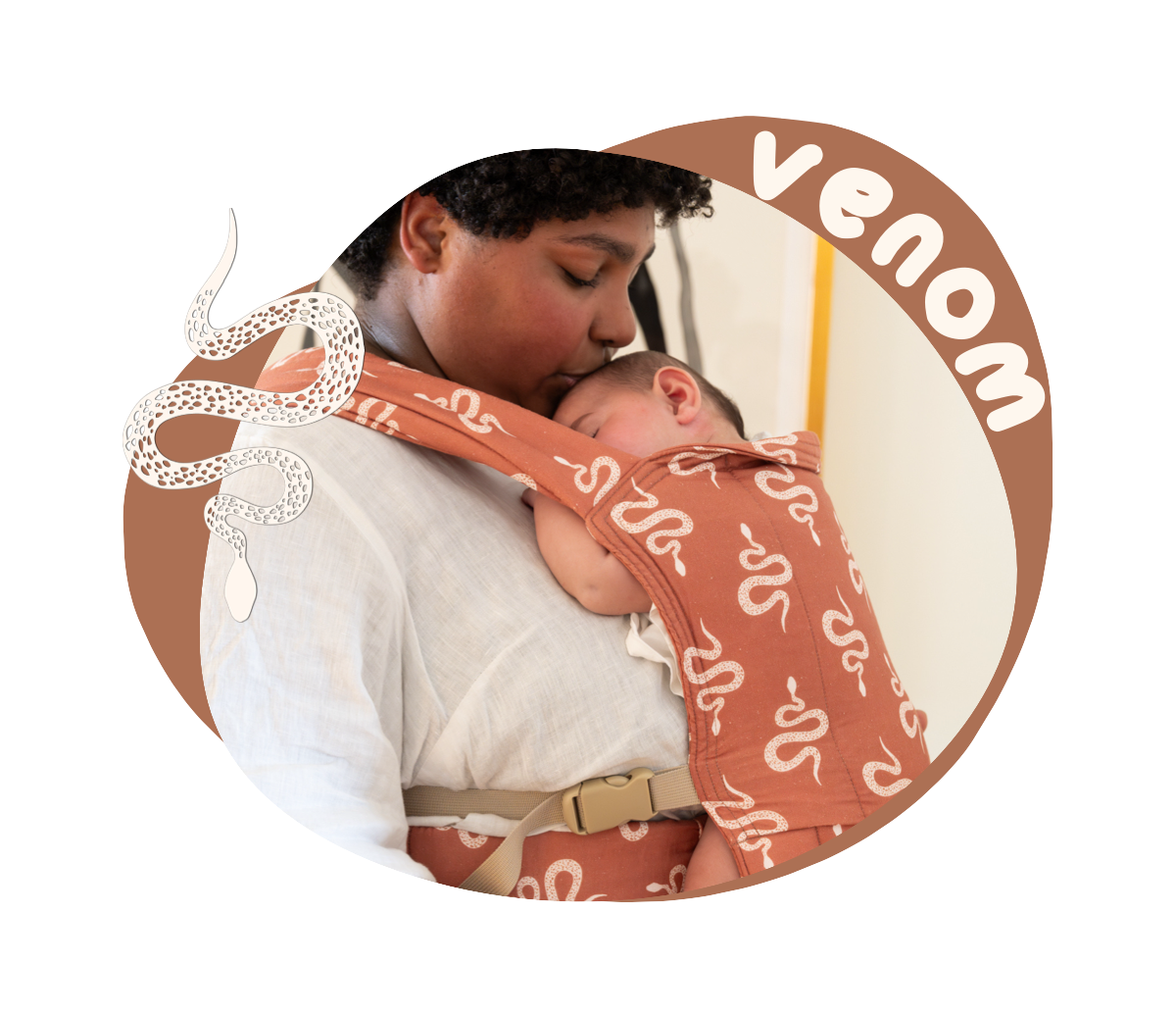 An black plus size woman wears a rich caramel Lark baby carrier with a white folk-style snake print. She is carrying her baby and gently kisses their head. The image is bordered by the same caramel brown, with the heading 'Venom' and a close up of the snake drawing.