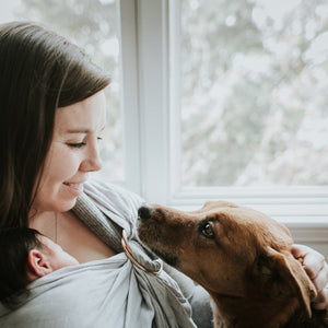 Mother wearing newborn ring sling and petting dog. 