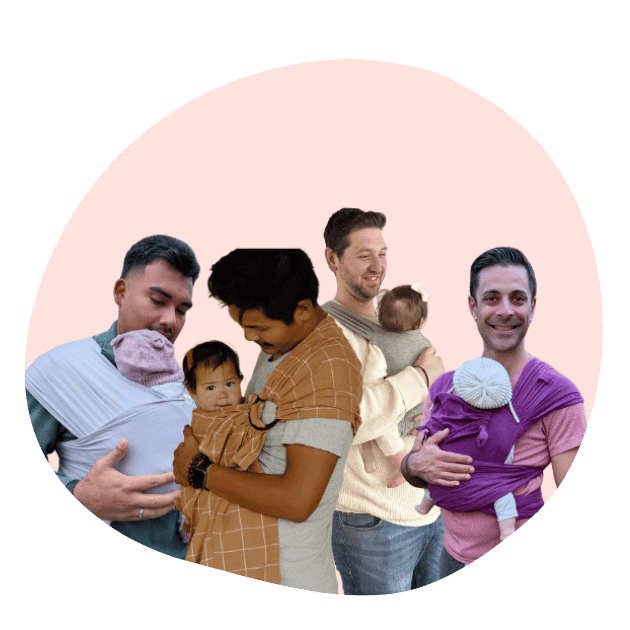 A collage on a pink background of diverse male caregivers wearing newborns in infants in various hope&plum newborn carriers