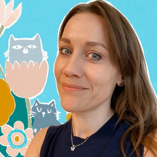 A headshot of hope&plum nepeta artist Maria Rein against an illustrated teal background with cats and flowers