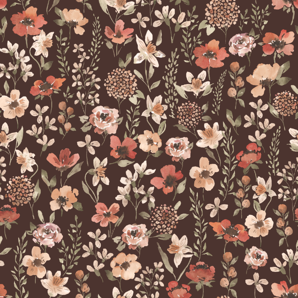 Warm autumnal watercolor flowers including poppies, roses, and daffodils on a dark chocolate background.
