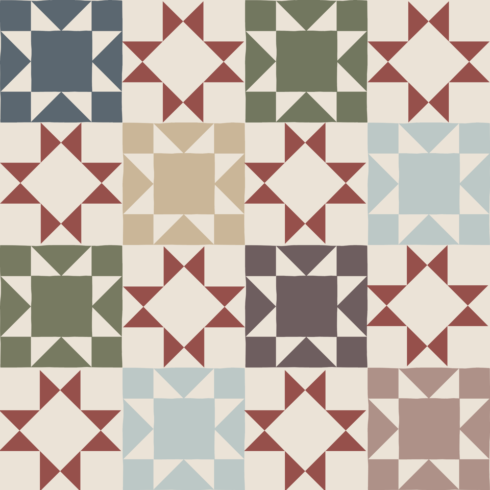Patchwork quilt-block print of star blocks in navy, sage, tan, seafoam, plum, and mauve, alternating with rust red pinwheel stars on a cream background.