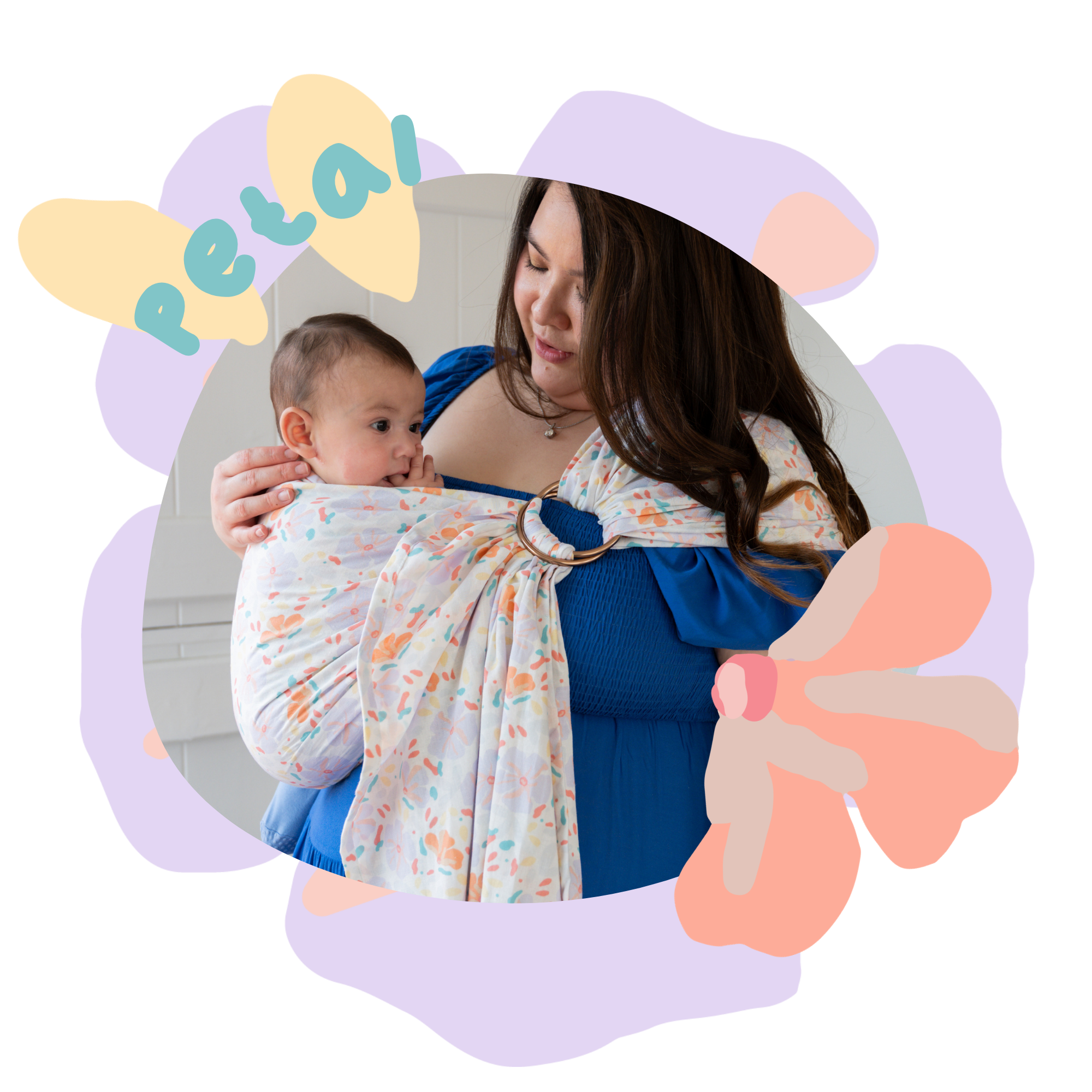 A plus size woman in a blue dress wears a soft floral ring sling with her small baby. She looks tenderly at the baby.
