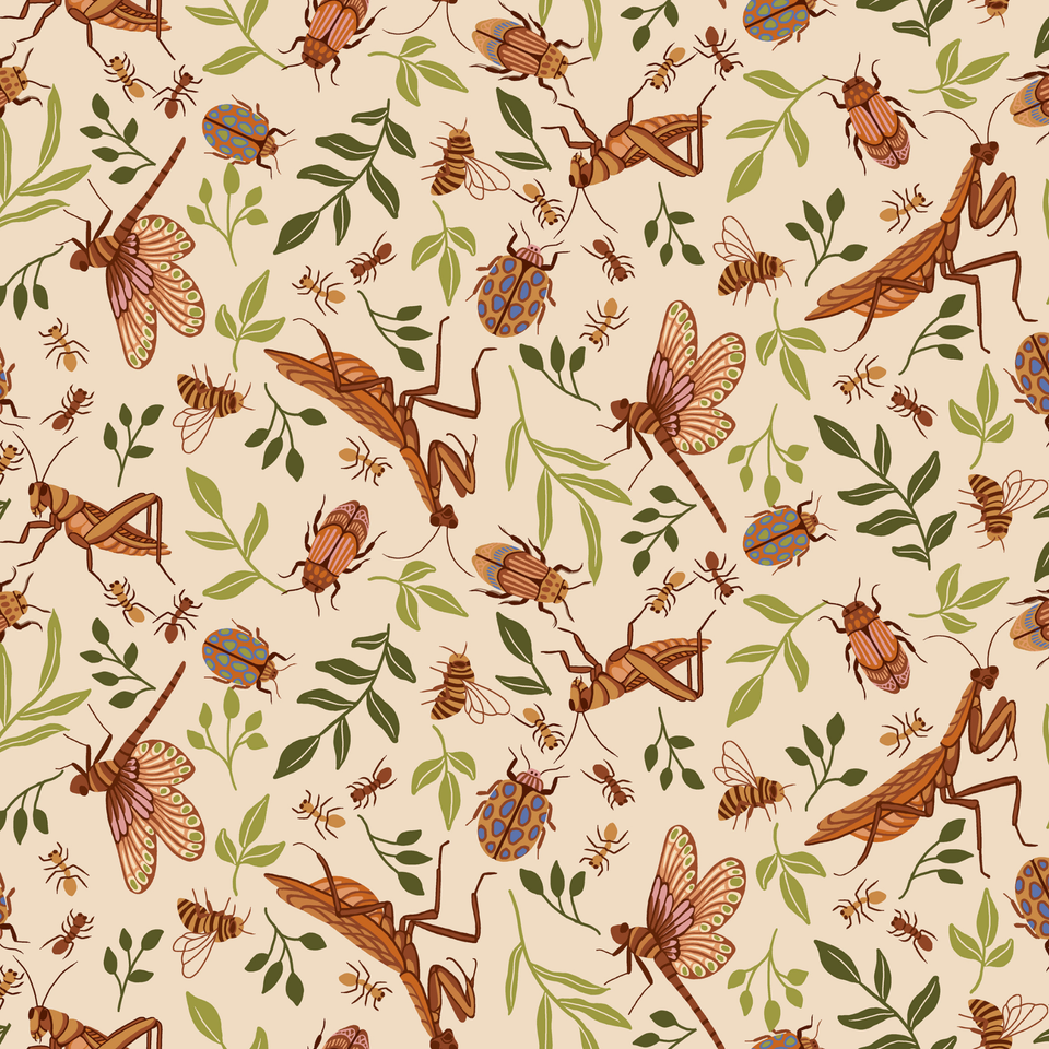Warm natural background with bugs in light brown shades and green leaves. The bugs include mantises, dragonflies, beetles, bees, and ants.