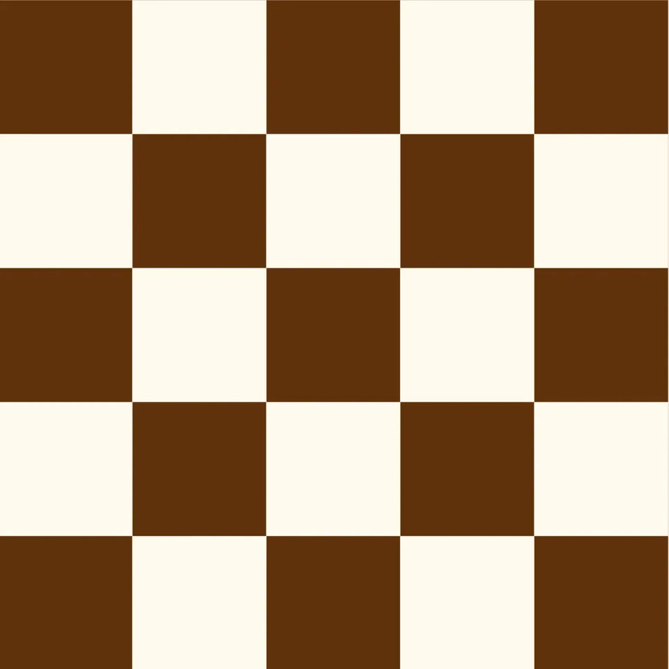 A bold checkerboard fabric print in deep chocolate brown and warm cream. The squares are large and clean-edged, alternating in a classic two-tone grid. Rich, retro, and graphic — reminiscent of seventies kitchen tile or a vintage diner floor.
