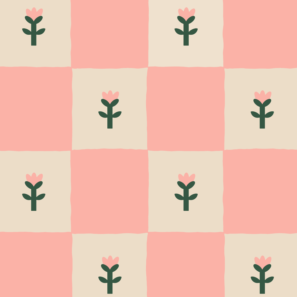 A fabric print of a hand-drawn checkerboard in soft pink and cream, with slightly wobbly square edges that give it a relaxed, painterly feel. A small folk-art tulip motif sits centered in every cream square: a pink three-lobed bloom on a dark forest green stem with two leaves. The pink squares are left empty, creating a gentle alternating rhythm across the grid. Sweet, modern, and cottage-inspired, with a warm vintage palette.