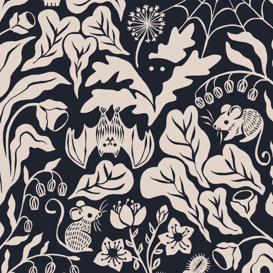 A dark charcoal gray background with a dense white hand-drawn pattern featuring bats, mice, spiders, and spooky flora.