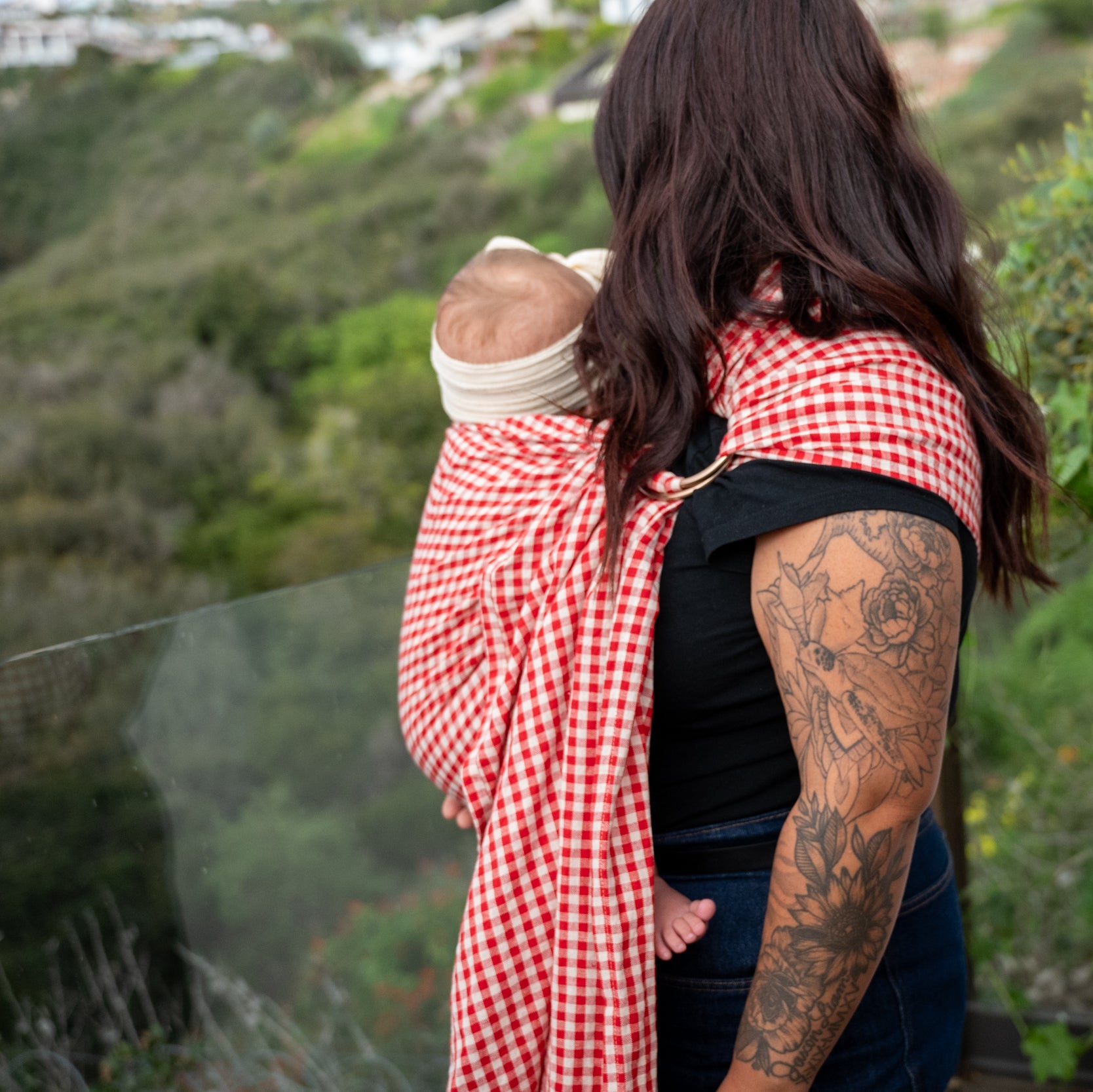 Person holding a baby wrapped in a red and white gingham ringsling with a scenic background