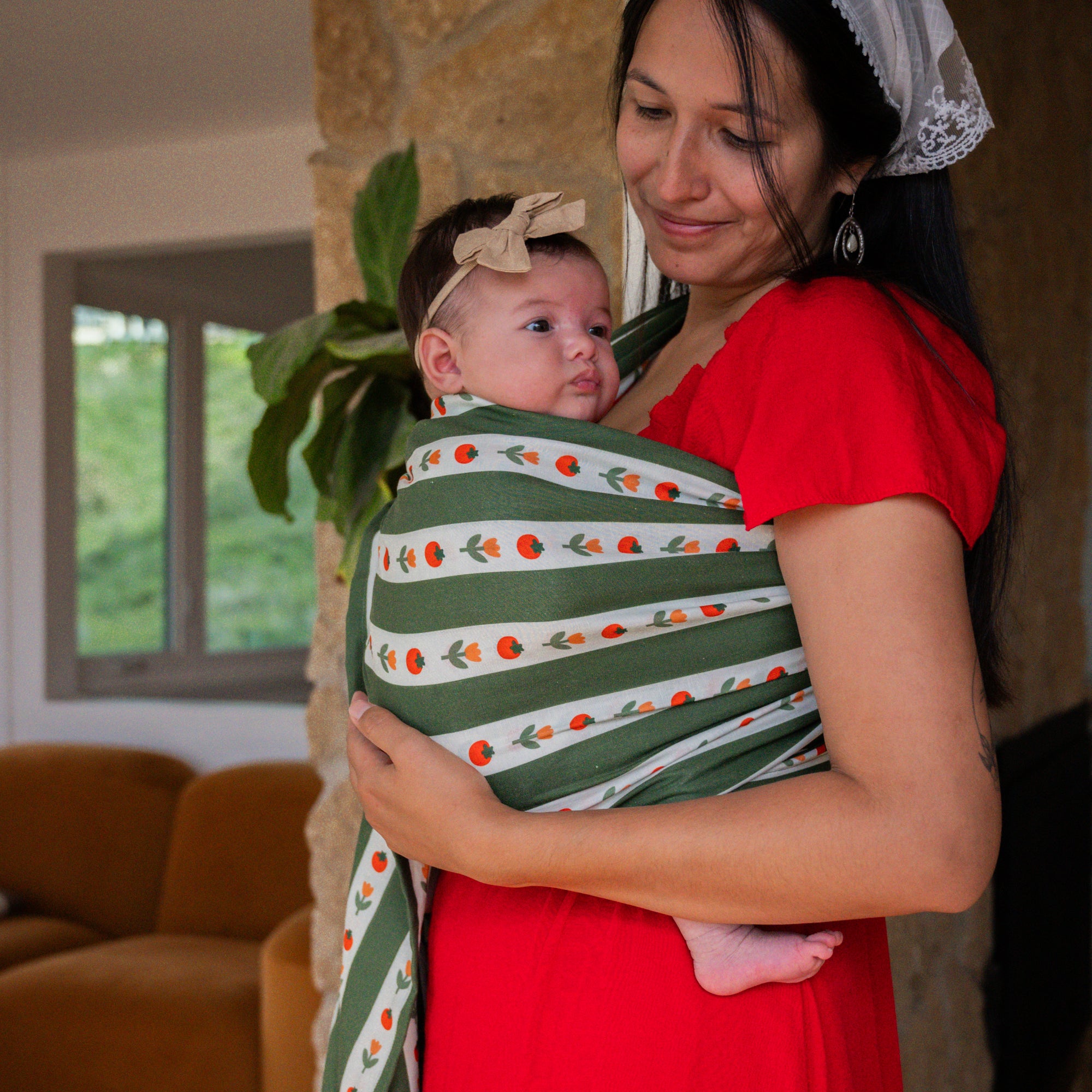 hope&plum Medley ring sling deep green stripe tomato and floral print front carry baby