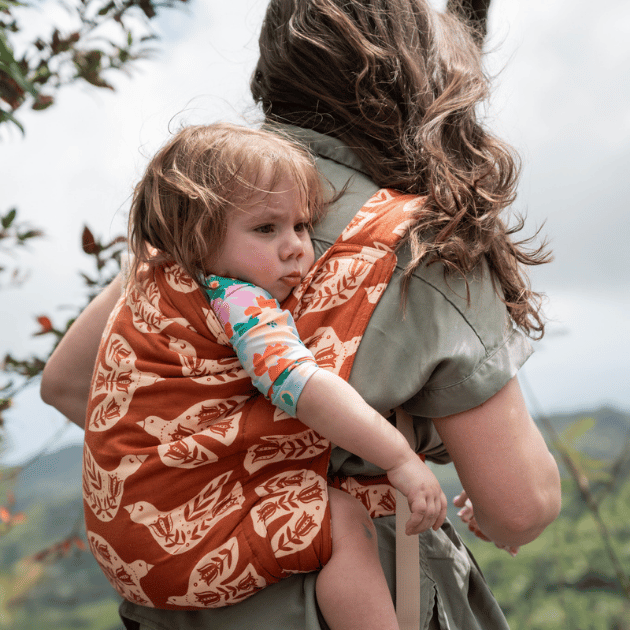 A toddler rides on a caregiver's back in the Wren Lark — a rich rust woven fabric printed with cream folk-art birds and botanical motifs — overlooking a green hillside landscape.