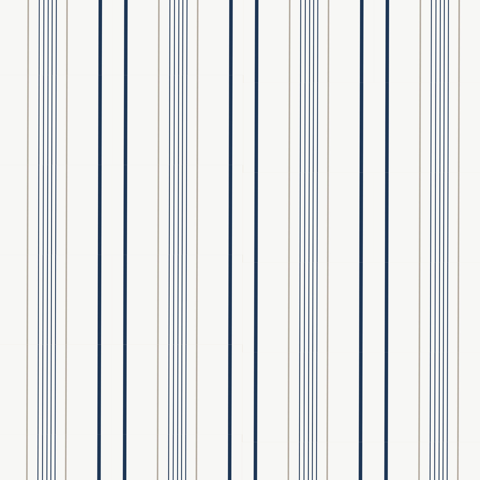 Vertical stripe pattern of thick navy lines, thin tan lines, and clusters of fine navy pinstripes on an off-white background.