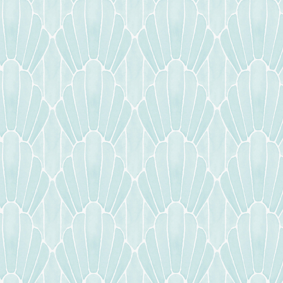 Repeating pale blue geometric pattern with white outlined fan or shell shapes arranged in vertical rows.