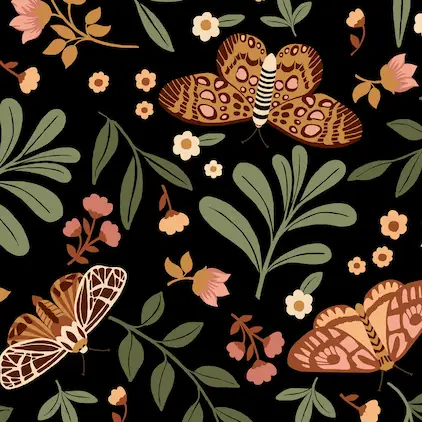A moody fabric print on a black background featuring large hand-painted moths with intricately patterned wings in caramel brown, blush pink, and cream. Stylized sage green leaves, tiny mustard and pink wildflowers, and trailing berry sprigs surround the moths in a balanced botanical arrangement. Rich, vintage, and a little mystical — like a naturalist's specimen plate.