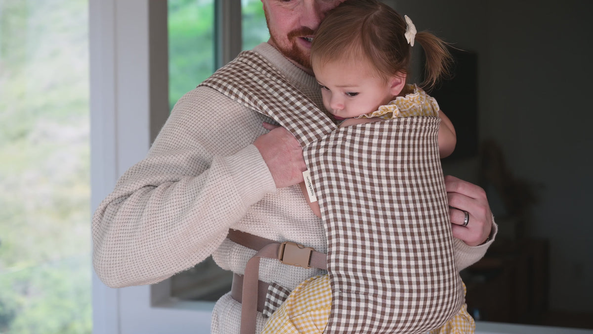 Lark Baby Carrier in Clove — caregiver embracing a toddler tucked into the gingham carrier, near a window.