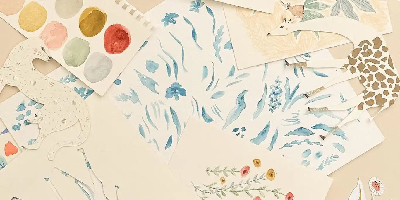 Watercolor animal and floral art.