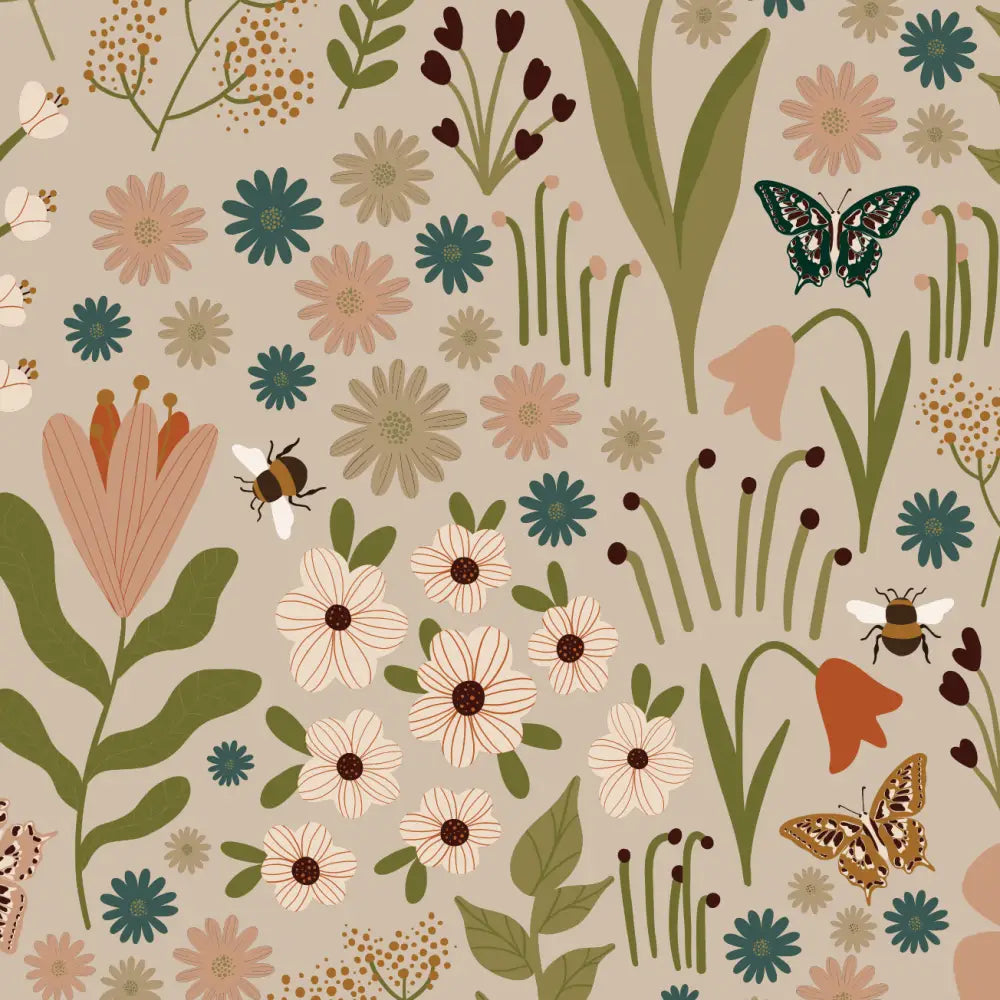 A botanical fabric print on a warm taupe background featuring an array of hand-illustrated wildflowers — daisies, tulips, bellflowers, and seedheads — in dusty teal, blush, peach, and ivory, paired with deep green leaves and slender stems. Bumblebees and patterned butterflies in green and amber drift between the blooms. Cottagecore, painterly, and gently nostalgic.